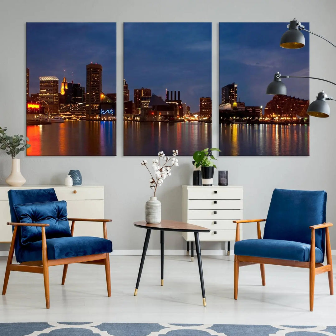 Baltimore City Lights Night Blue Skyline Cityscape View Wall Art Canvas Print, displayed on a museum-quality canvas with UV-protective coating, is prominently featured in the room.