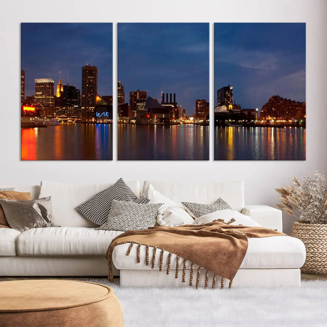 Baltimore City Lights Night Blue Skyline Cityscape View Wall Art Canvas Print, displayed on a museum-quality canvas with UV-protective coating, is prominently featured in the room.