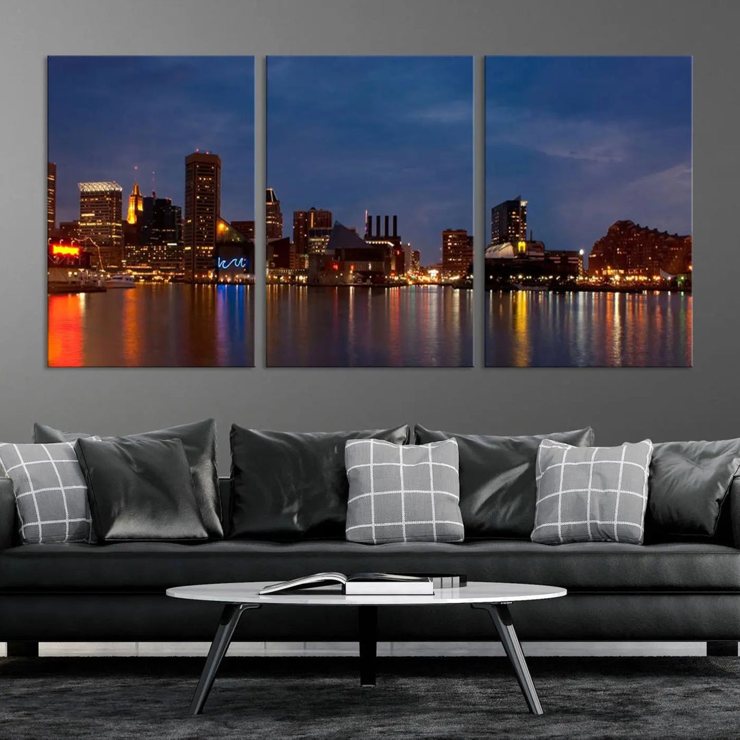 Baltimore City Lights Night Blue Skyline Cityscape View Wall Art Canvas Print, displayed on a museum-quality canvas with UV-protective coating, is prominently featured in the room.