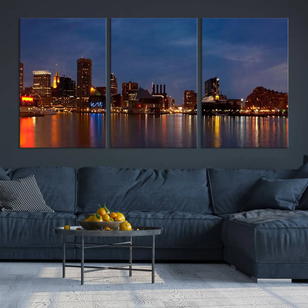 Baltimore City Lights Night Blue Skyline Cityscape View Wall Art Canvas Print, displayed on a museum-quality canvas with UV-protective coating, is prominently featured in the room.