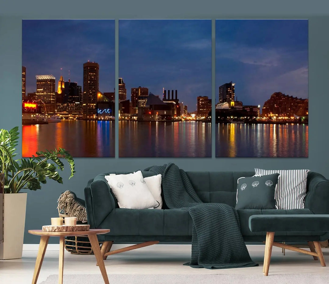 Baltimore City Lights Night Blue Skyline Cityscape View Wall Art Canvas Print, displayed on a museum-quality canvas with UV-protective coating, is prominently featured in the room.