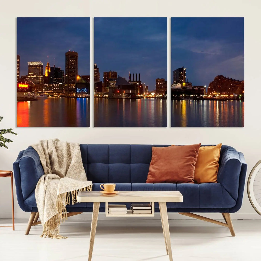 Baltimore City Lights Night Blue Skyline Cityscape View Wall Art Canvas Print, displayed on a museum-quality canvas with UV-protective coating, is prominently featured in the room.