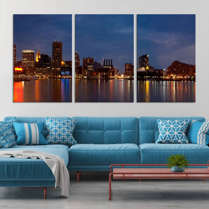 Baltimore City Lights Night Blue Skyline Cityscape View Wall Art Canvas Print, displayed on a museum-quality canvas with UV-protective coating, is prominently featured in the room.