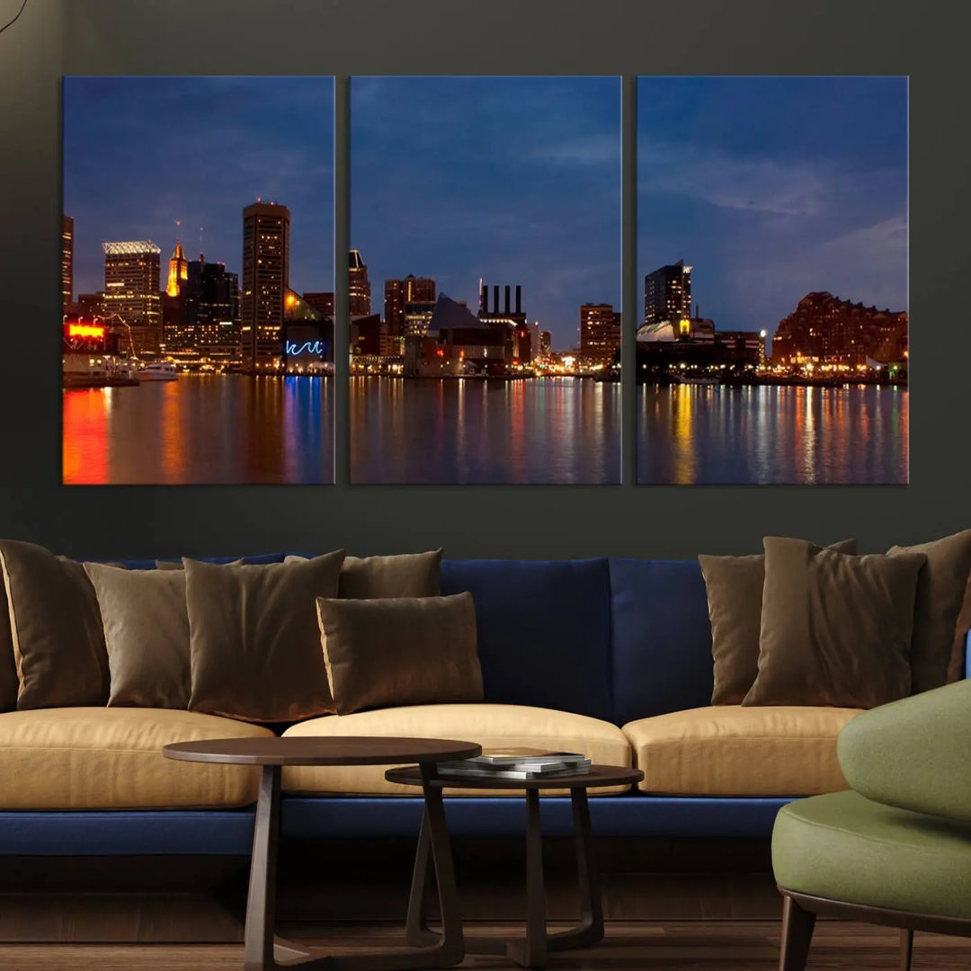 Baltimore City Lights Night Blue Skyline Cityscape View Wall Art Canvas Print, displayed on a museum-quality canvas with UV-protective coating, is prominently featured in the room.