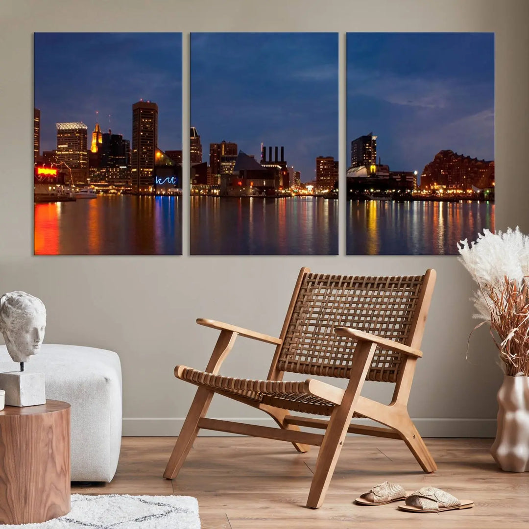 Baltimore City Lights Night Blue Skyline Cityscape View Wall Art Canvas Print, displayed on a museum-quality canvas with UV-protective coating, is prominently featured in the room.