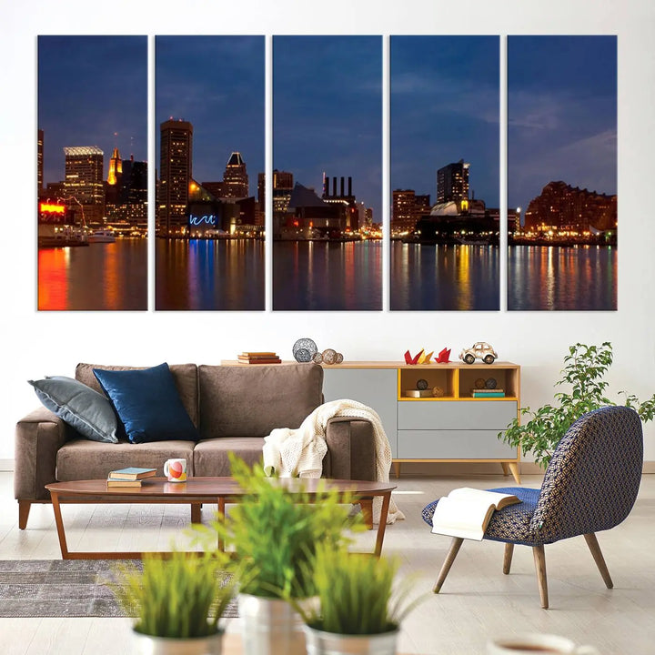 Baltimore City Lights Night Blue Skyline Cityscape View Wall Art Canvas Print, displayed on a museum-quality canvas with UV-protective coating, is prominently featured in the room.