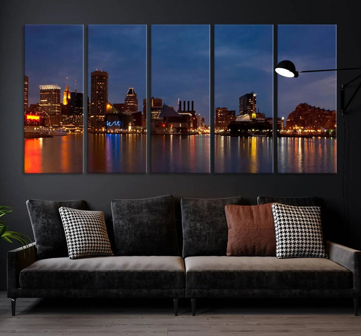 Baltimore City Lights Night Blue Skyline Cityscape View Wall Art Canvas Print, displayed on a museum-quality canvas with UV-protective coating, is prominently featured in the room.