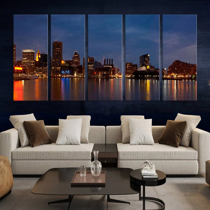 Baltimore City Lights Night Blue Skyline Cityscape View Wall Art Canvas Print, displayed on a museum-quality canvas with UV-protective coating, is prominently featured in the room.