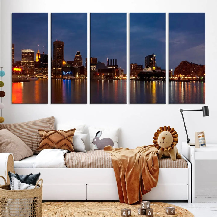 Baltimore City Lights Night Blue Skyline Cityscape View Wall Art Canvas Print, displayed on a museum-quality canvas with UV-protective coating, is prominently featured in the room.