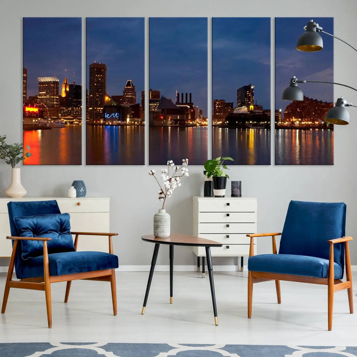 Baltimore City Lights Night Blue Skyline Cityscape View Wall Art Canvas Print, displayed on a museum-quality canvas with UV-protective coating, is prominently featured in the room.