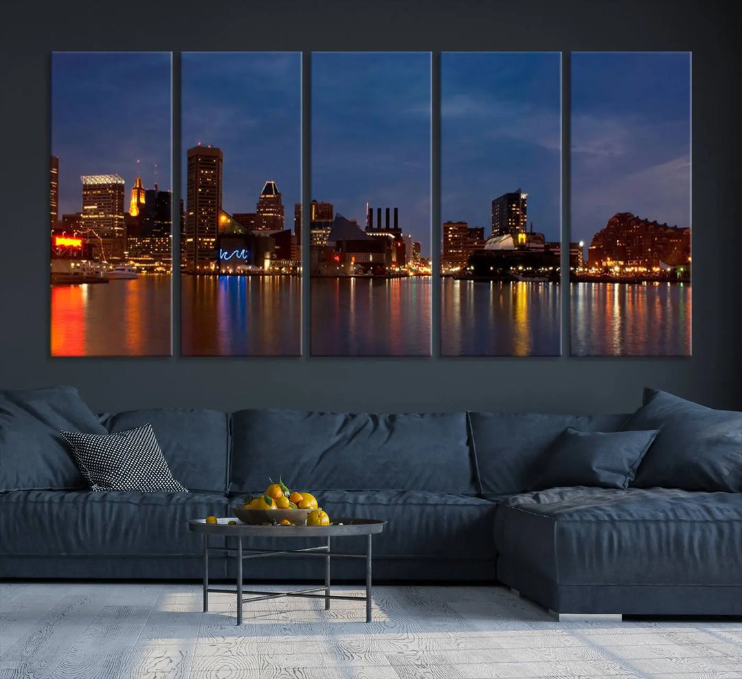 Baltimore City Lights Night Blue Skyline Cityscape View Wall Art Canvas Print, displayed on a museum-quality canvas with UV-protective coating, is prominently featured in the room.