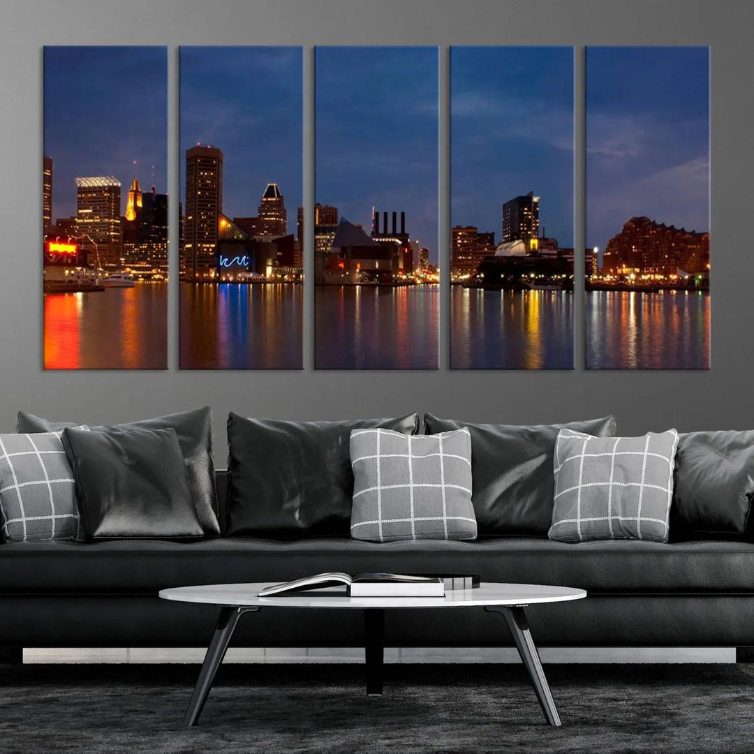 Baltimore City Lights Night Blue Skyline Cityscape View Wall Art Canvas Print, displayed on a museum-quality canvas with UV-protective coating, is prominently featured in the room.