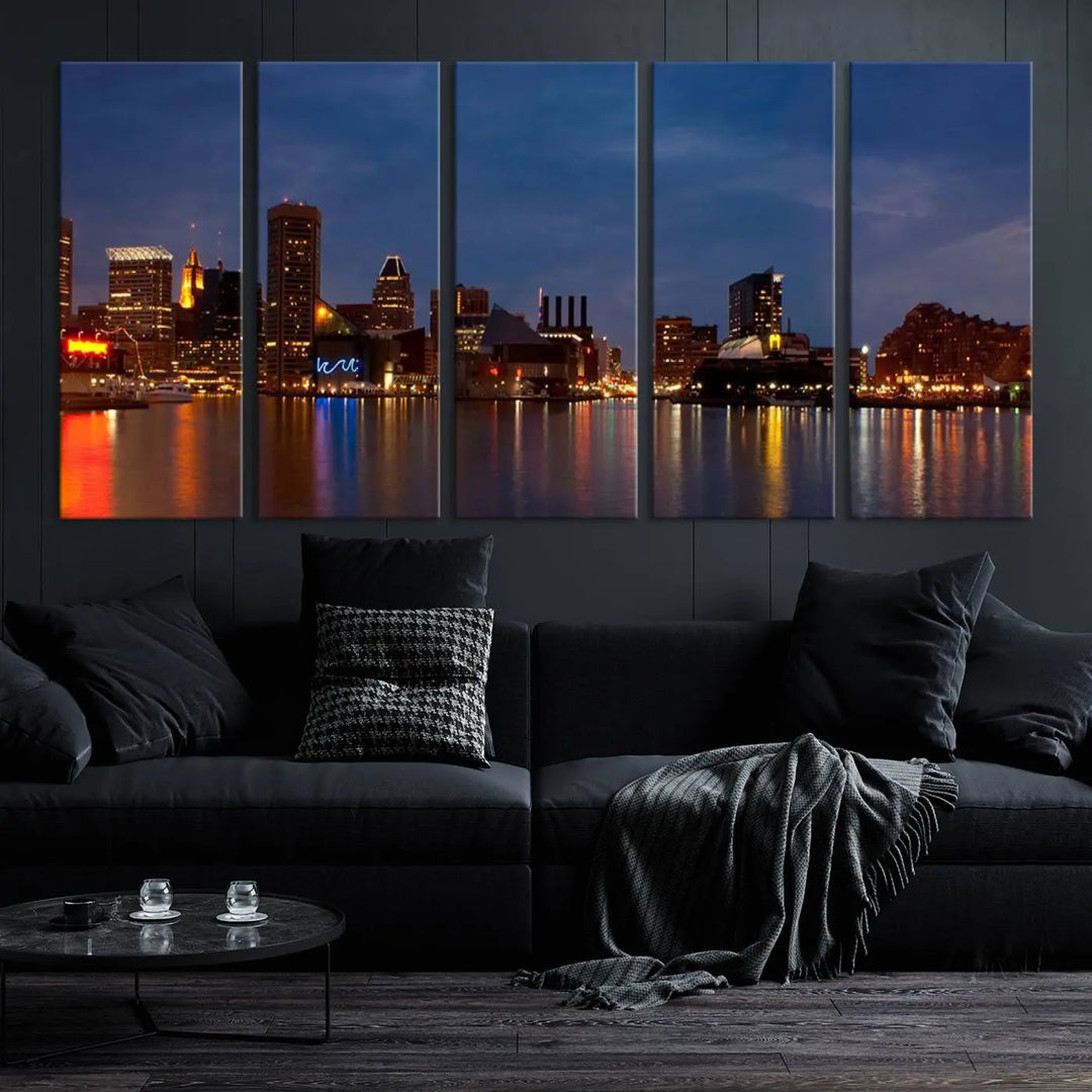 Baltimore City Lights Night Blue Skyline Cityscape View Wall Art Canvas Print, displayed on a museum-quality canvas with UV-protective coating, is prominently featured in the room.