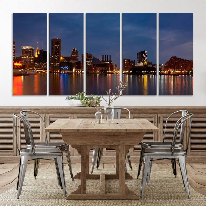 Baltimore City Lights Night Blue Skyline Cityscape View Wall Art Canvas Print, displayed on a museum-quality canvas with UV-protective coating, is prominently featured in the room.