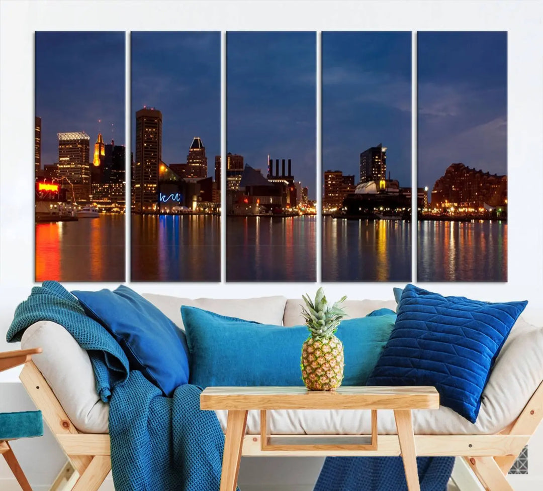 Baltimore City Lights Night Blue Skyline Cityscape View Wall Art Canvas Print, displayed on a museum-quality canvas with UV-protective coating, is prominently featured in the room.