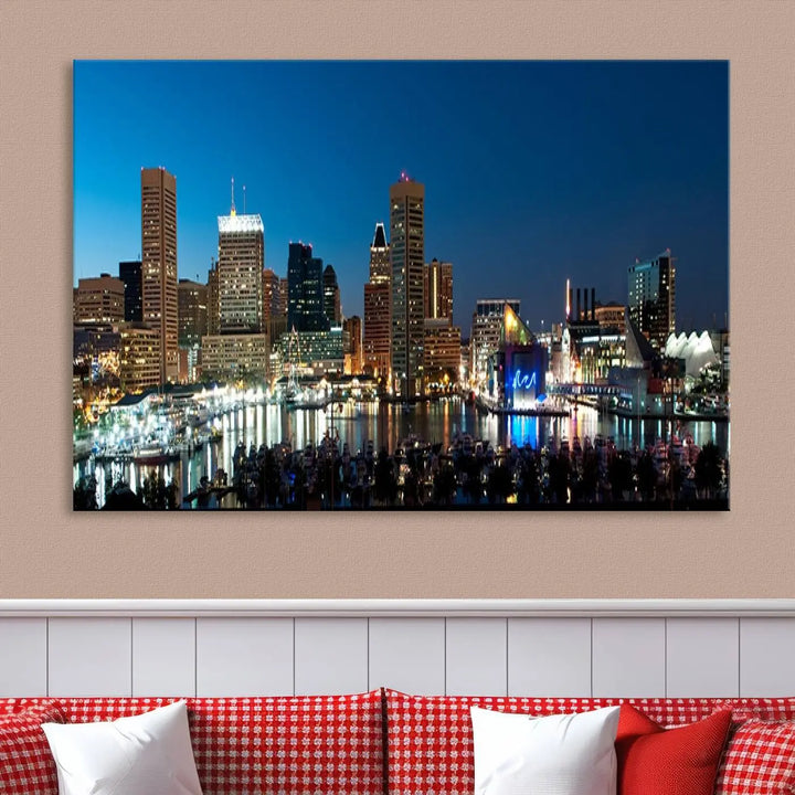 The Baltimore City Lights Night Blue Skyline Wall Art Canvas Print, professionally hand-assembled and ready to hang, graces the wall in this stylish living room.