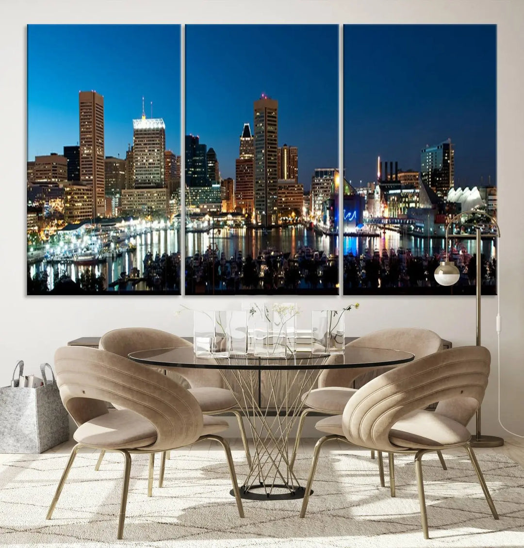 The Baltimore City Lights Night Blue Skyline Wall Art Canvas Print, professionally hand-assembled and ready to hang, graces the wall in this stylish living room.