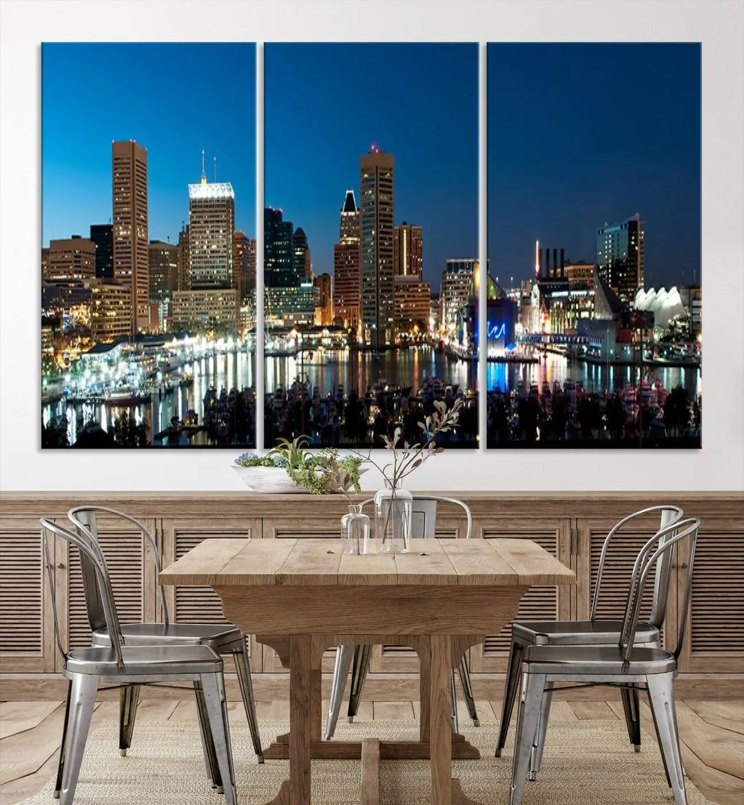 The Baltimore City Lights Night Blue Skyline Wall Art Canvas Print, professionally hand-assembled and ready to hang, graces the wall in this stylish living room.