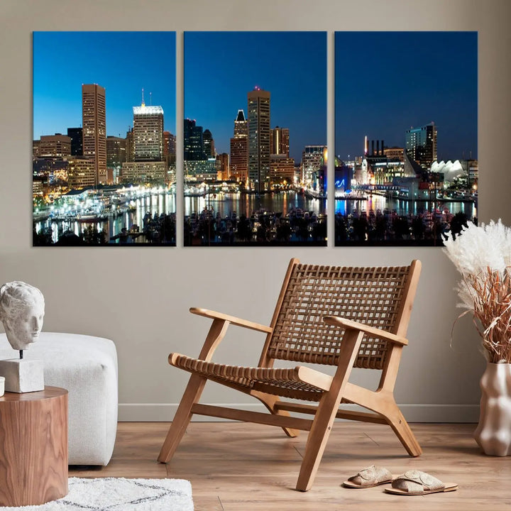 The Baltimore City Lights Night Blue Skyline Wall Art Canvas Print, professionally hand-assembled and ready to hang, graces the wall in this stylish living room.