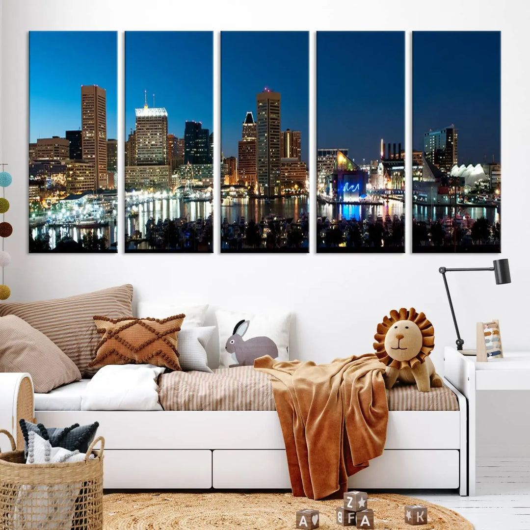 The Baltimore City Lights Night Blue Skyline Wall Art Canvas Print, professionally hand-assembled and ready to hang, graces the wall in this stylish living room.