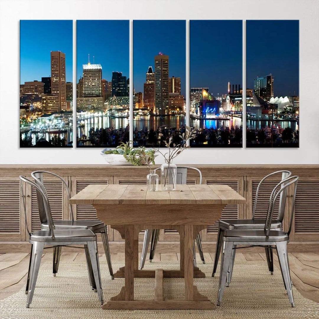 The Baltimore City Lights Night Blue Skyline Wall Art Canvas Print, professionally hand-assembled and ready to hang, graces the wall in this stylish living room.