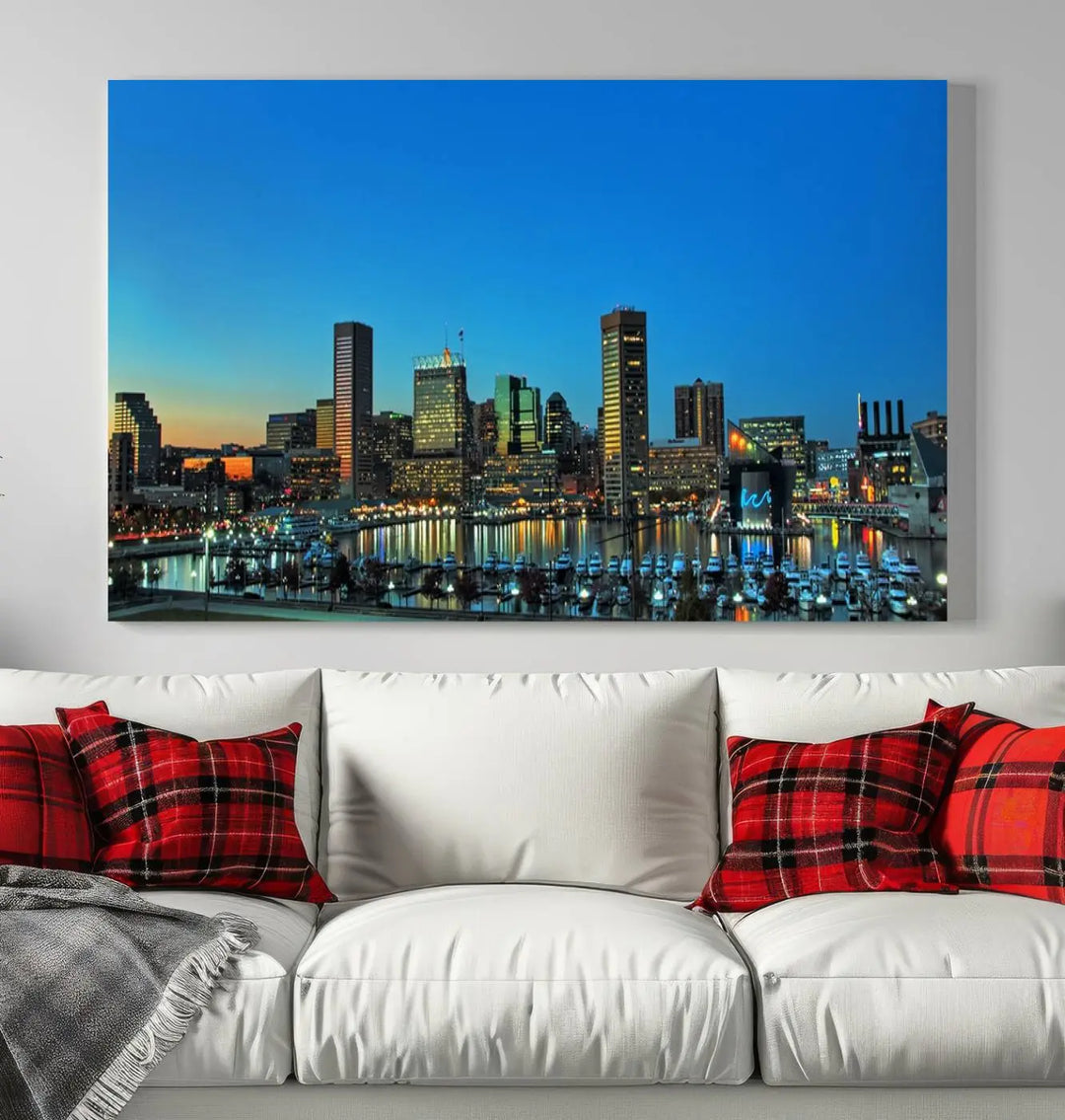 The "Baltimore City Lights Night Blue Skyline" wall art canvas print, gallery-wrapped and of museum quality, is prominently displayed.