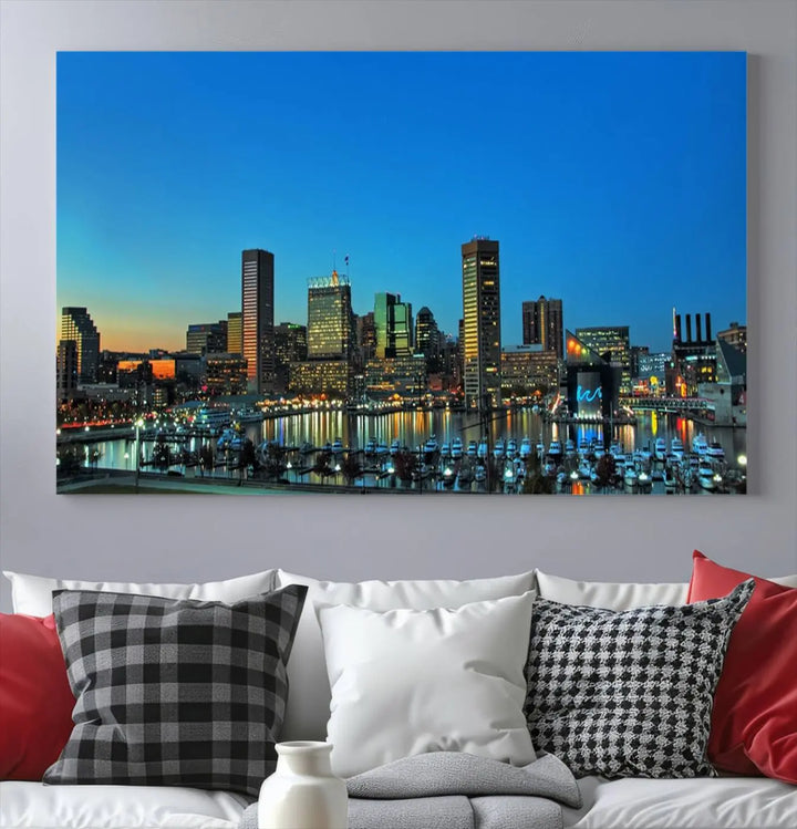 The "Baltimore City Lights Night Blue Skyline" wall art canvas print, gallery-wrapped and of museum quality, is prominently displayed.