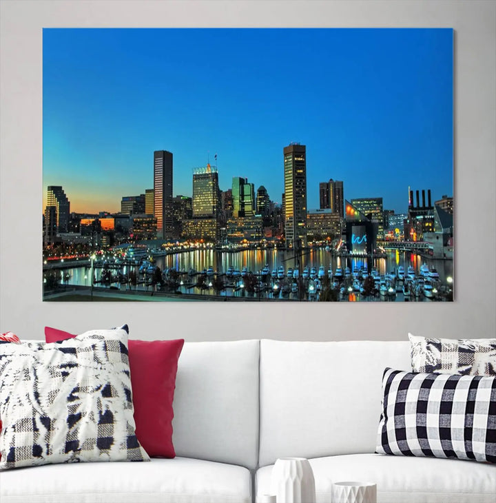 The "Baltimore City Lights Night Blue Skyline" wall art canvas print, gallery-wrapped and of museum quality, is prominently displayed.