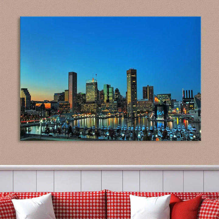 The "Baltimore City Lights Night Blue Skyline" wall art canvas print, gallery-wrapped and of museum quality, is prominently displayed.