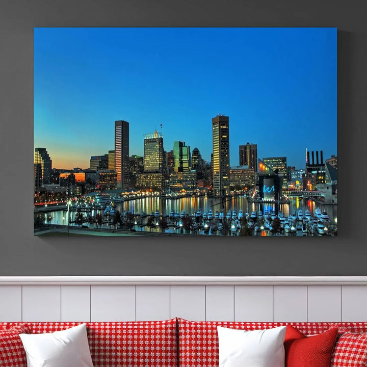 The "Baltimore City Lights Night Blue Skyline" wall art canvas print, gallery-wrapped and of museum quality, is prominently displayed.