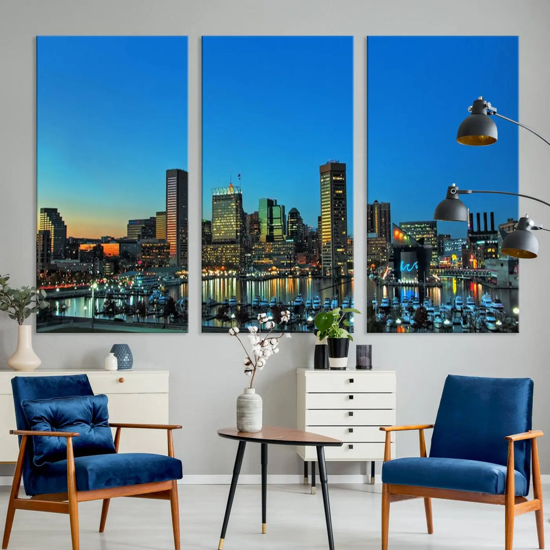 The "Baltimore City Lights Night Blue Skyline" wall art canvas print, gallery-wrapped and of museum quality, is prominently displayed.