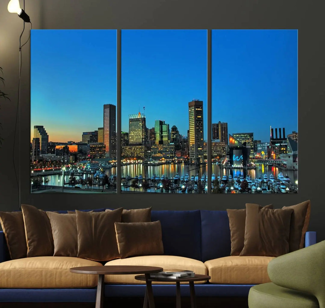 The "Baltimore City Lights Night Blue Skyline" wall art canvas print, gallery-wrapped and of museum quality, is prominently displayed.