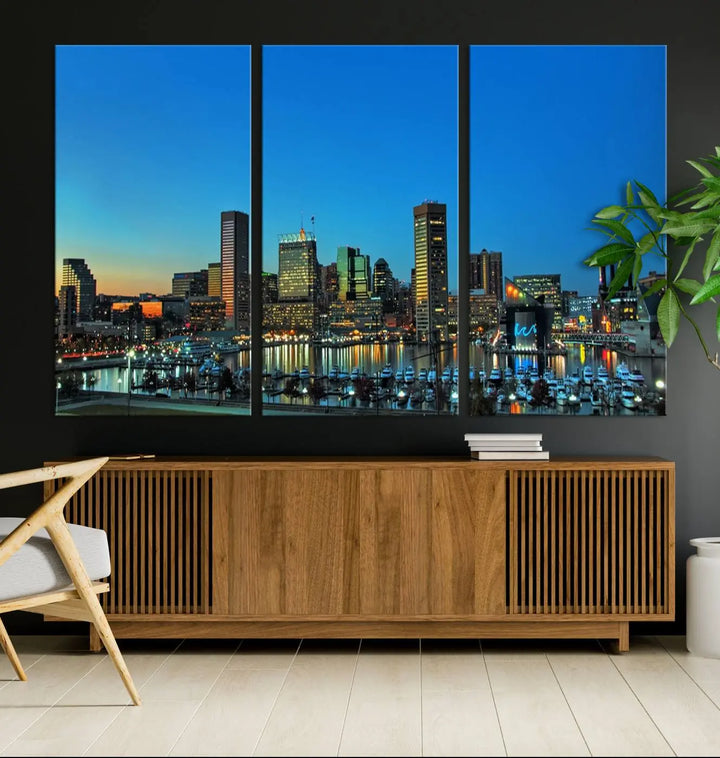 The "Baltimore City Lights Night Blue Skyline" wall art canvas print, gallery-wrapped and of museum quality, is prominently displayed.