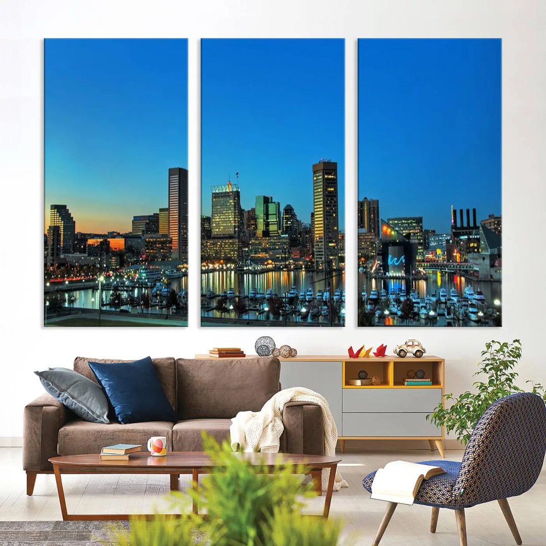 The "Baltimore City Lights Night Blue Skyline" wall art canvas print, gallery-wrapped and of museum quality, is prominently displayed.