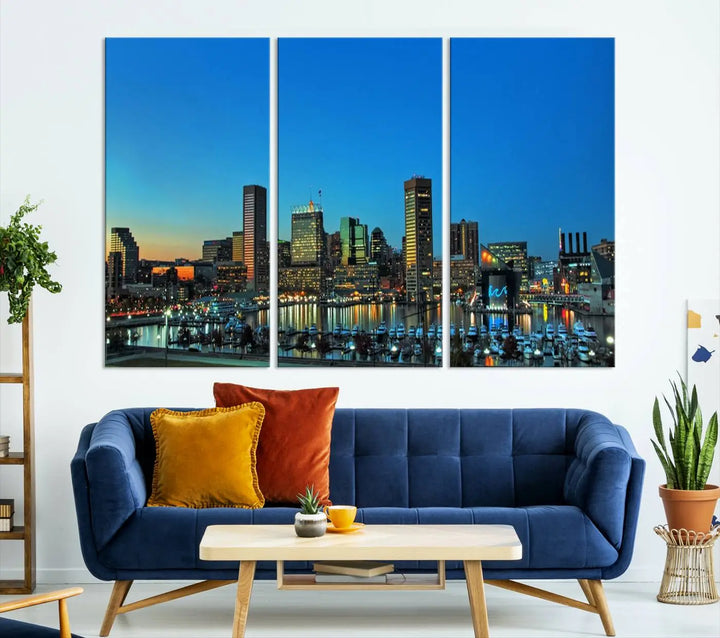 The "Baltimore City Lights Night Blue Skyline" wall art canvas print, gallery-wrapped and of museum quality, is prominently displayed.