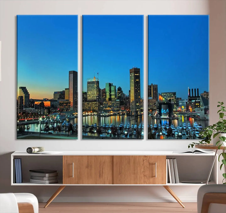 The "Baltimore City Lights Night Blue Skyline" wall art canvas print, gallery-wrapped and of museum quality, is prominently displayed.