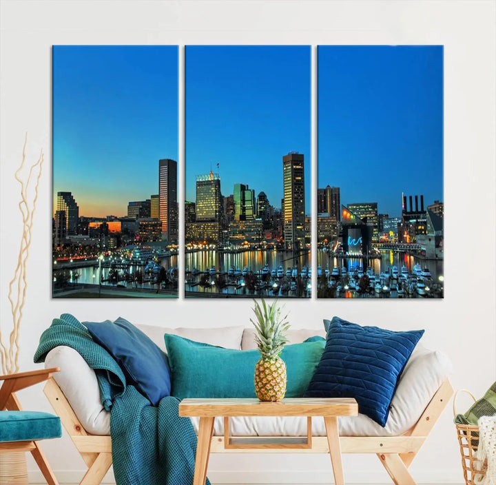 The "Baltimore City Lights Night Blue Skyline" wall art canvas print, gallery-wrapped and of museum quality, is prominently displayed.