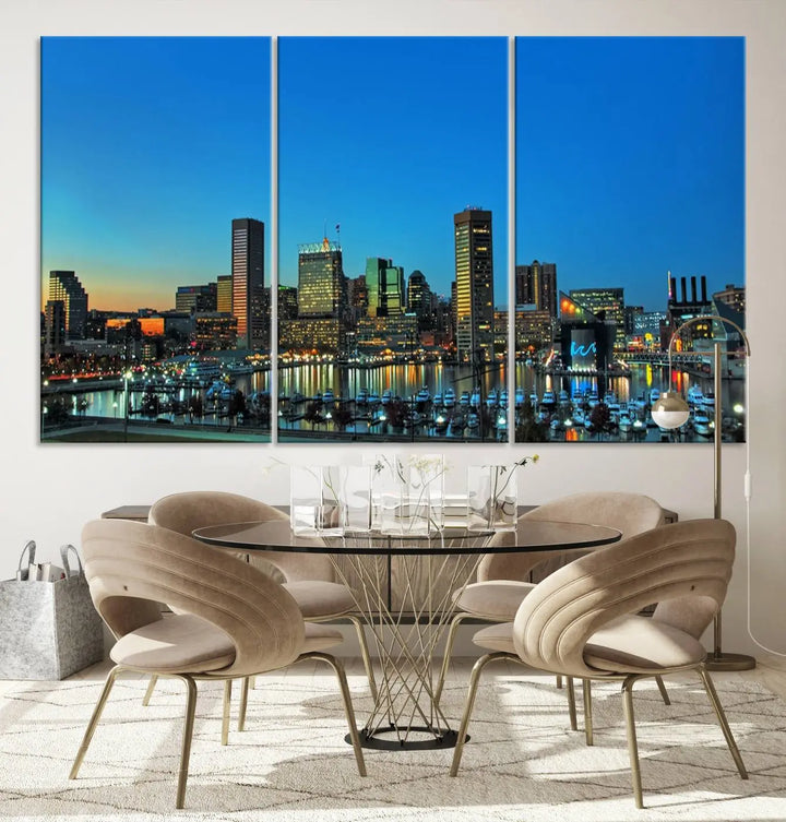 The "Baltimore City Lights Night Blue Skyline" wall art canvas print, gallery-wrapped and of museum quality, is prominently displayed.