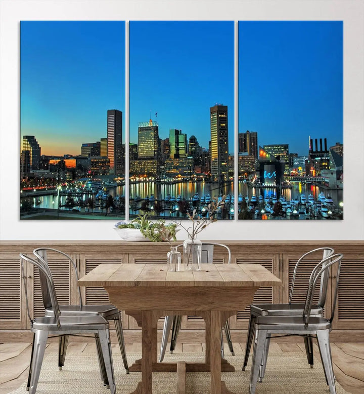 The "Baltimore City Lights Night Blue Skyline" wall art canvas print, gallery-wrapped and of museum quality, is prominently displayed.