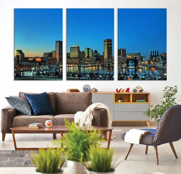 The "Baltimore City Lights Night Blue Skyline" wall art canvas print, gallery-wrapped and of museum quality, is prominently displayed.