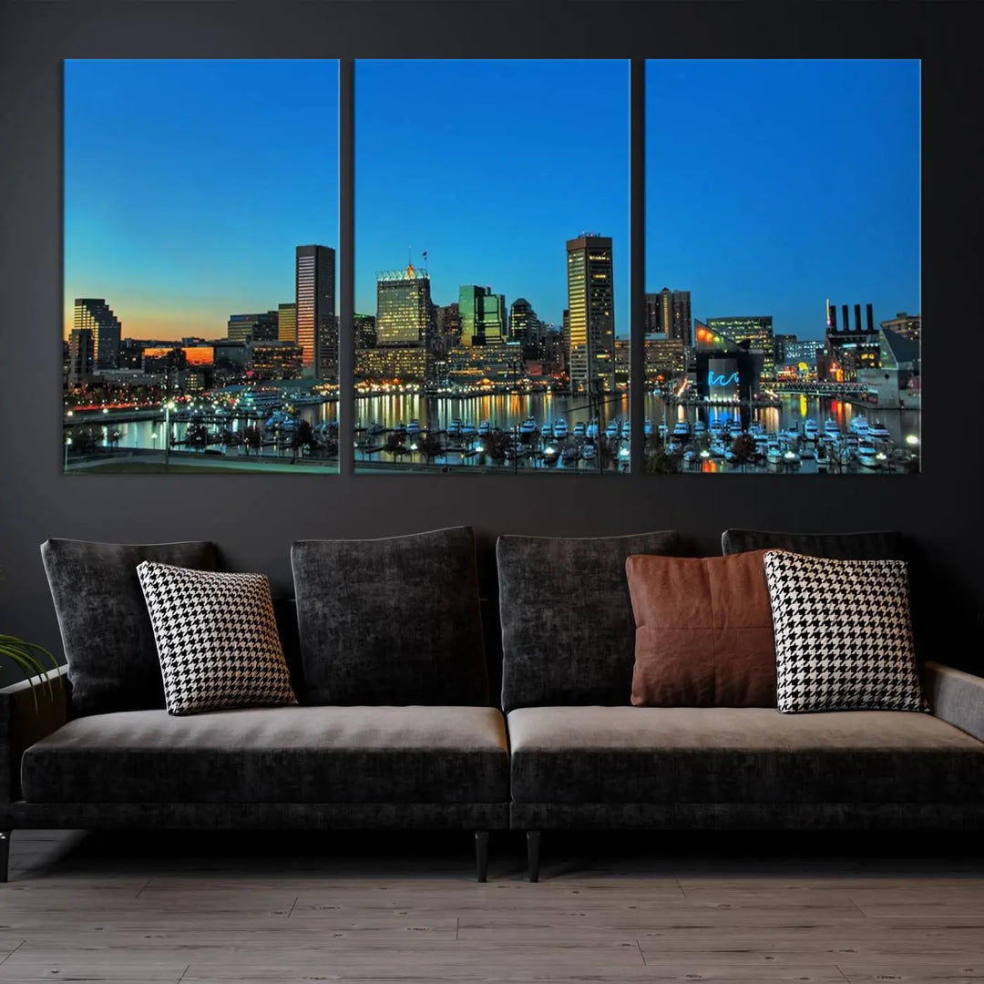 The "Baltimore City Lights Night Blue Skyline" wall art canvas print, gallery-wrapped and of museum quality, is prominently displayed.