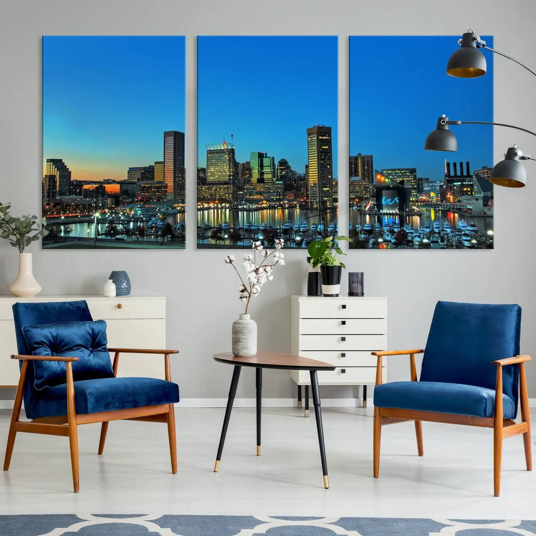 The "Baltimore City Lights Night Blue Skyline" wall art canvas print, gallery-wrapped and of museum quality, is prominently displayed.