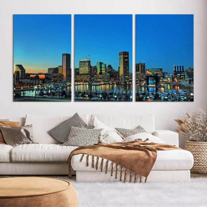 The "Baltimore City Lights Night Blue Skyline" wall art canvas print, gallery-wrapped and of museum quality, is prominently displayed.