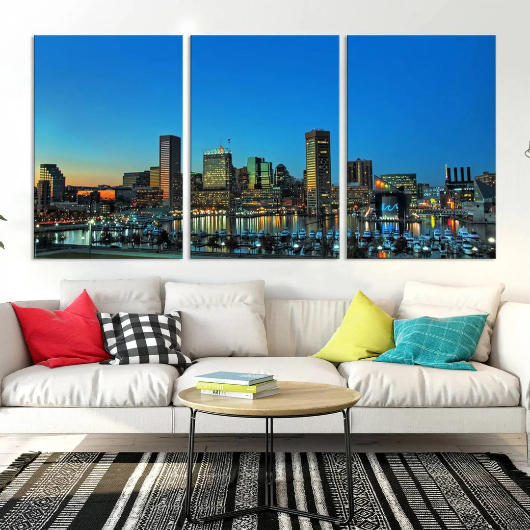 The "Baltimore City Lights Night Blue Skyline" wall art canvas print, gallery-wrapped and of museum quality, is prominently displayed.