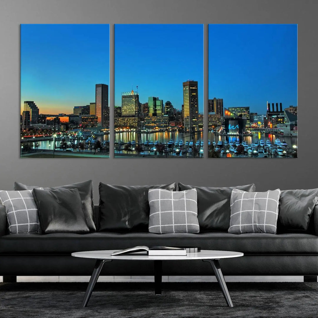 The "Baltimore City Lights Night Blue Skyline" wall art canvas print, gallery-wrapped and of museum quality, is prominently displayed.