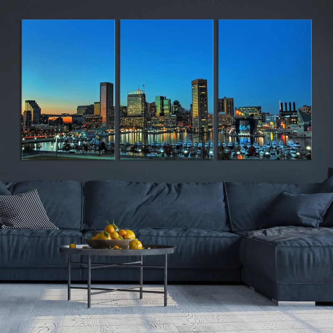 The "Baltimore City Lights Night Blue Skyline" wall art canvas print, gallery-wrapped and of museum quality, is prominently displayed.