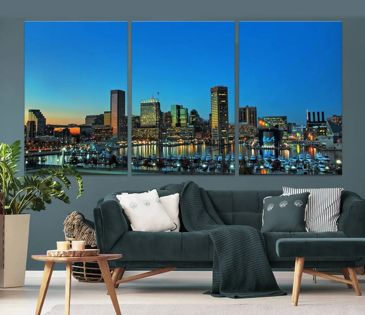 The "Baltimore City Lights Night Blue Skyline" wall art canvas print, gallery-wrapped and of museum quality, is prominently displayed.