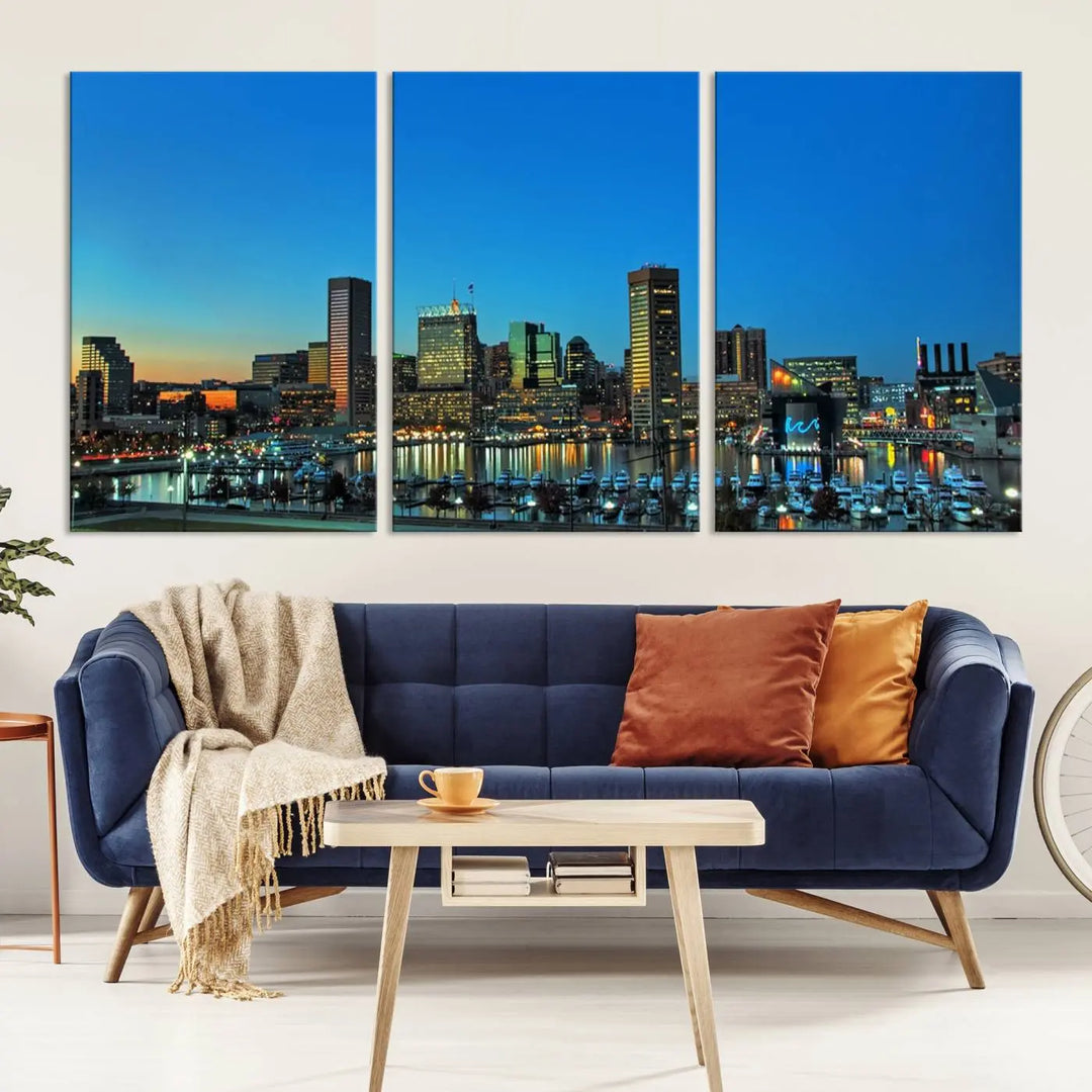 The "Baltimore City Lights Night Blue Skyline" wall art canvas print, gallery-wrapped and of museum quality, is prominently displayed.