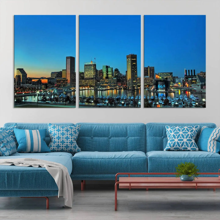 The "Baltimore City Lights Night Blue Skyline" wall art canvas print, gallery-wrapped and of museum quality, is prominently displayed.