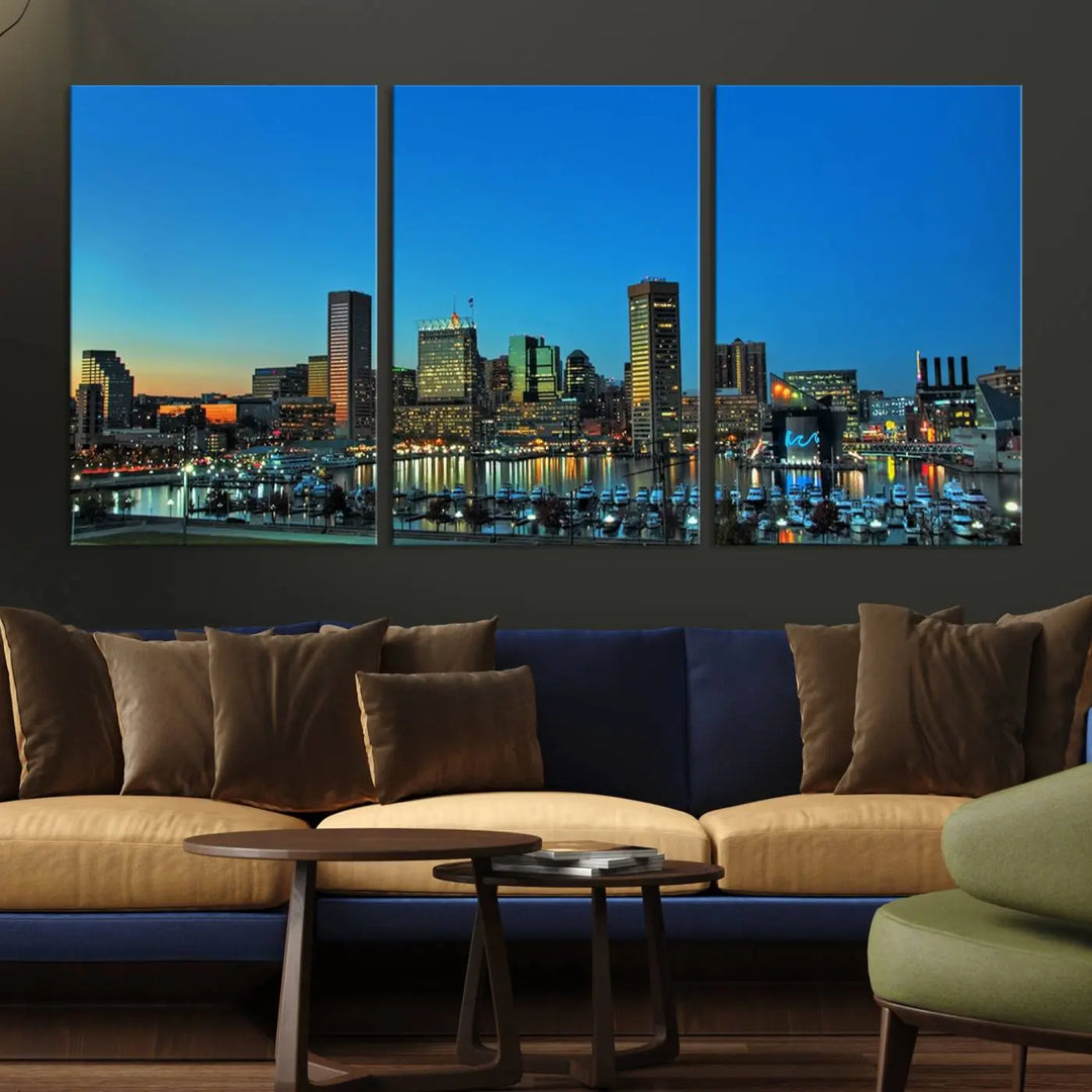 The "Baltimore City Lights Night Blue Skyline" wall art canvas print, gallery-wrapped and of museum quality, is prominently displayed.